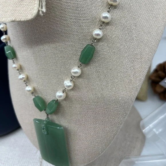 Vintage Green Jade & Pearl Sterling Silver Pendant Necklace 16" - Picture 4 of 17